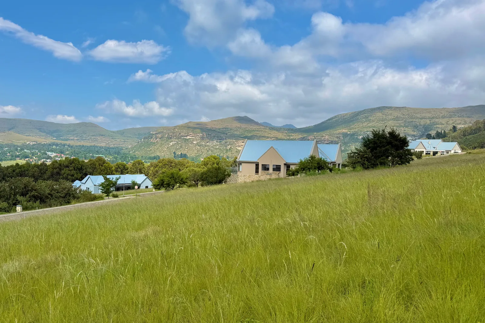 Estate homes set well apart across open meadow, with the mountains behind